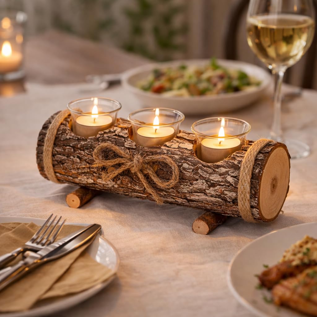 Modern Rustic Log Christmas candle Tea Light Holders with 3